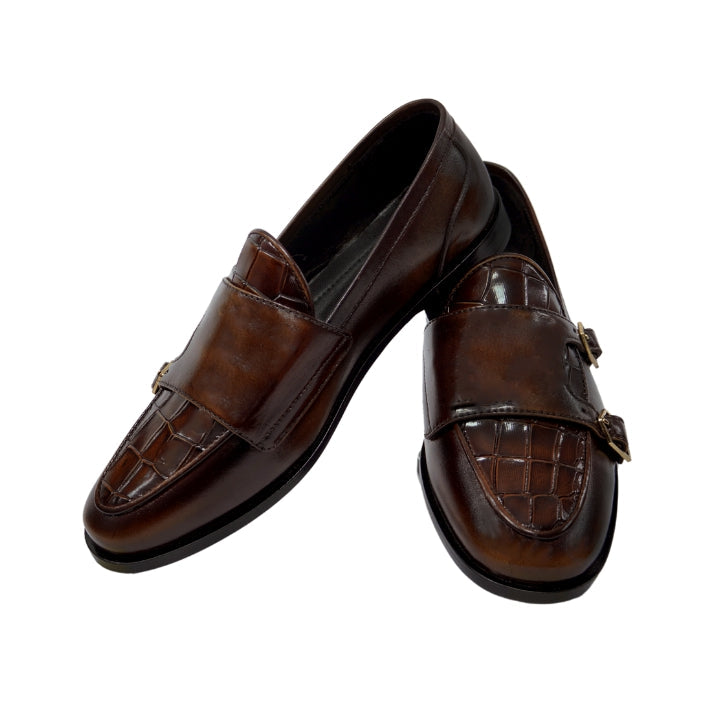Croc Grain Double Monk Style Shoes Leather